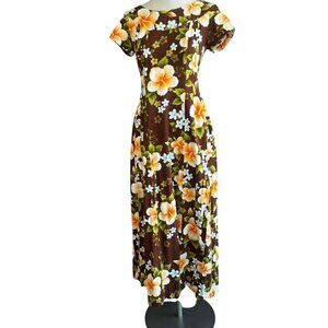 Ui- Maikai Vintage 60s Hawaiian Hibiscus Floral Barkcloth Tiki Dress Draped Back